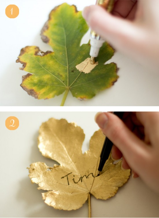 Gilded leaf place cards tutorial 550x752 Gilded Leaf DIY Wedding Place Cards