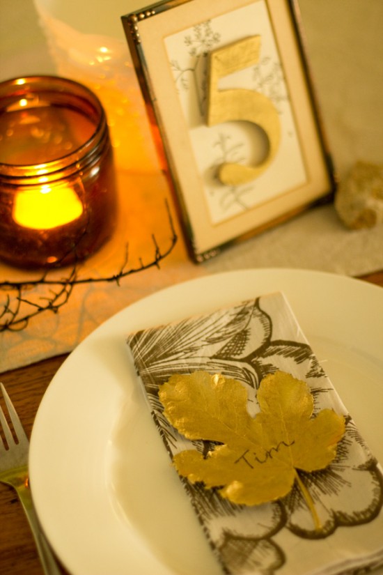 Gilded table decor 4 550x825 Gilded Leaf DIY Wedding Place Cards